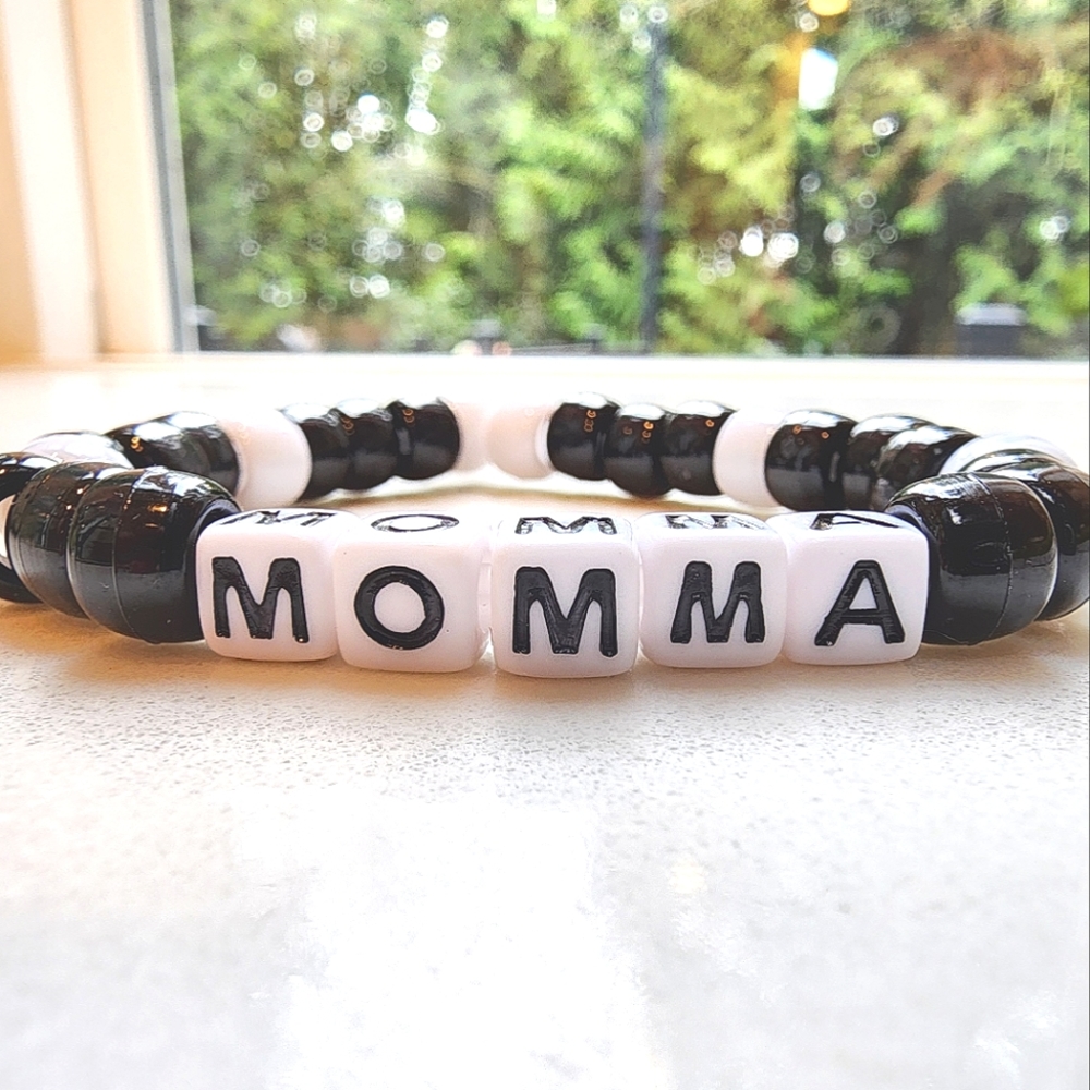 NWT MOMMA Black, White Friendship Bracelet Hand Made by My Son Text STRENGTH